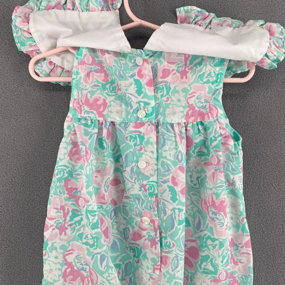 Vintage 80s 90s Lightning Bug Romper Playsuit‎ Kids 2T Floral Ruffle Bow Collar